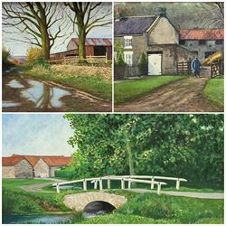 Robert Wood (British 20th century): 'The Lane Silpho' & two other North Yorkshire Farm scenes, three oils on canvas & board signed and dated (19)89/92/93, 28cm x x 44cm diminishing (3)