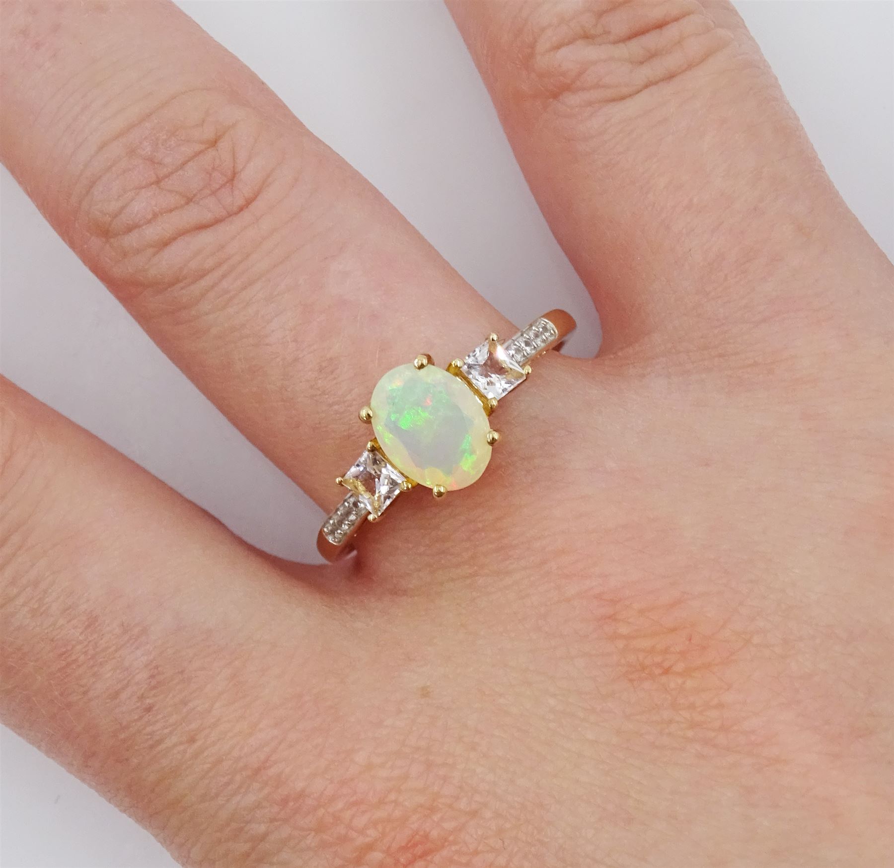 9ct gold opal and square cut morganite ring with white zircon set