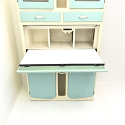  1950s painted kitchen cabinet, two glazed doors, two drawers and cupboards, fall front, W101cm, H189cm, D46cm  