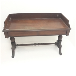  Victorian mahogany washstand, raised shaped back, two frieze drawers, turned supports joined by single stretcher on scrolled feet, W121cm, H83cm, D57cm  