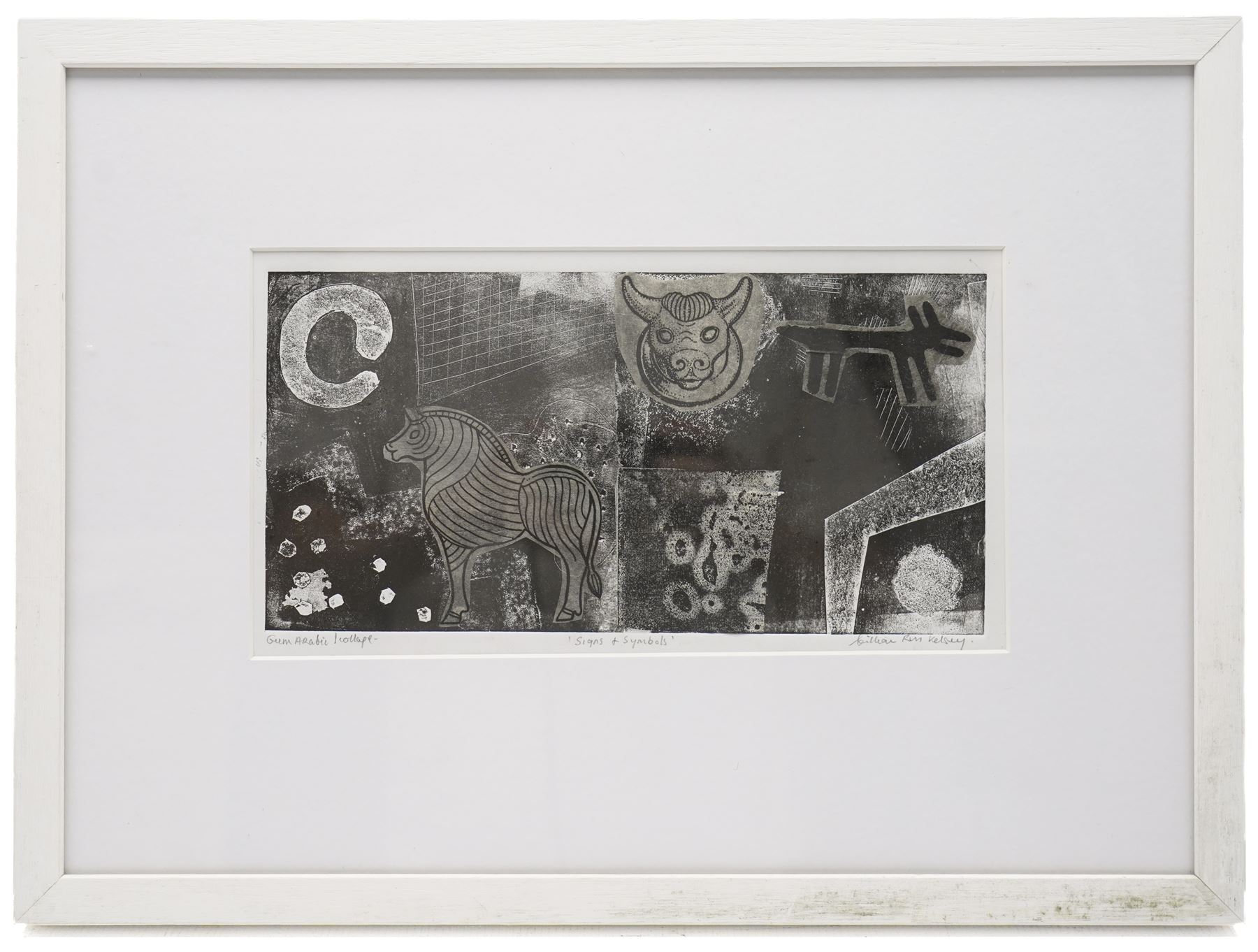 Gillian Ross Kelsey (British 1935-2025): 'Signs and Symbols', mixed media on paper signed and titled in pencil 14cm x 28cm