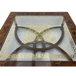 Jonathan Charles - large mahogany coffee table, the square oyster veneered top with verre églomisé inset, the glass hand-painted with gilt scrolling foliate patterns, raised on spiral turned supports with acanthus and gadroon carvings, united by interlocking demi-lune stretchers, on scrolled acanthus feet