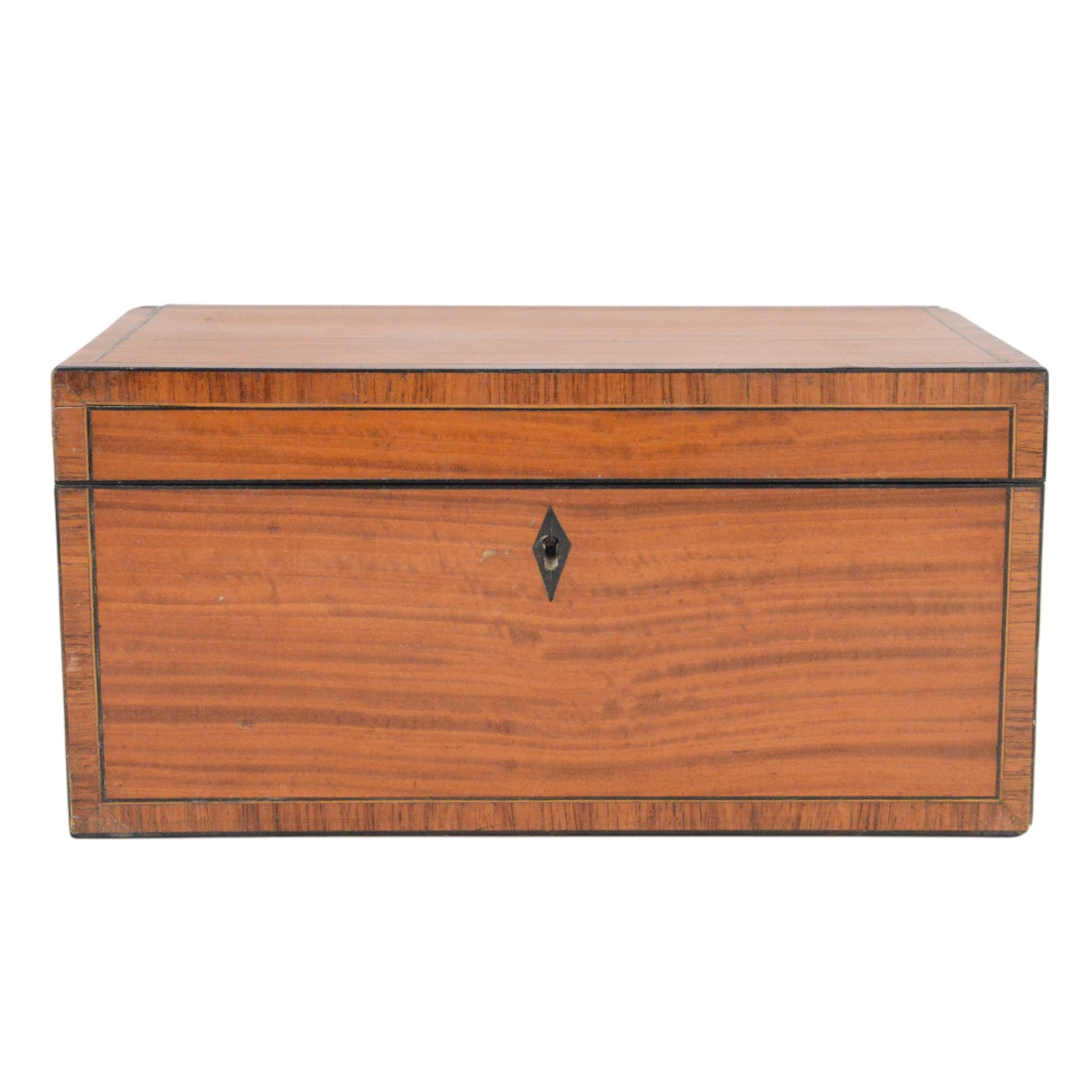 Satinwood correspondence box, the interior divided into two sections with bone inlaid plaques marked answered and unanswered, H13cm, D14cm 