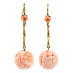 Pair of 18ct gold carved coral pendant earrings