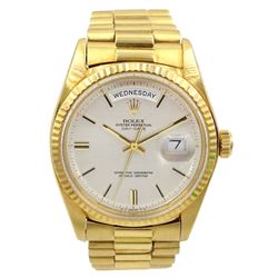 Rolex Oyster Perpetual Day-Date 1970's gentleman's 18ct gold wristwatch, Ref. 1803, Cal. 1556, serial No. 4224828, silver linen Sigma dial, on 18ct gold Presidential bracelet with fold-over clasp, boxed