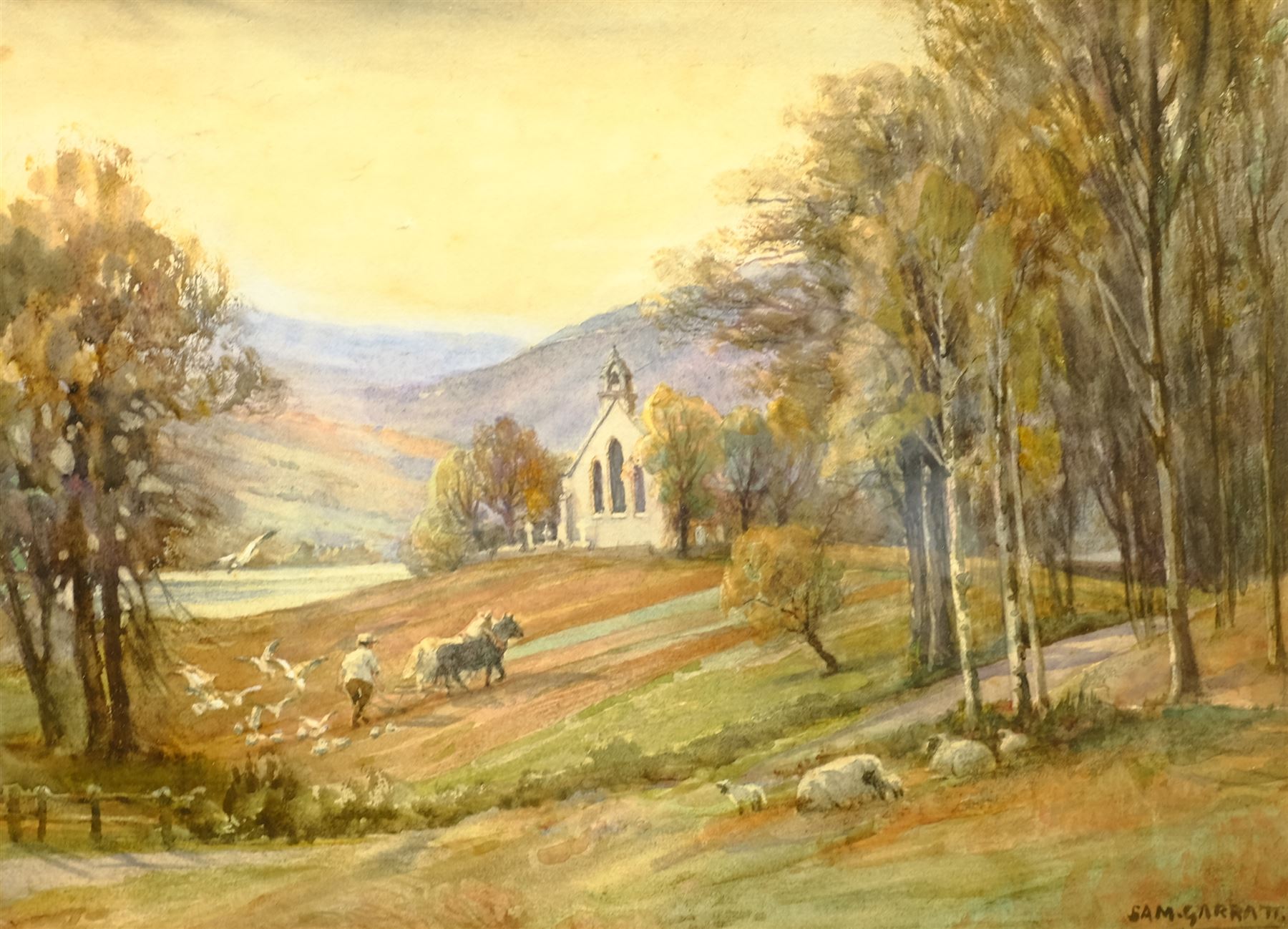 Sam Garratt (British 1864-1946): Ploughing Beside a Church, watercolour signed 26cm x 36cm