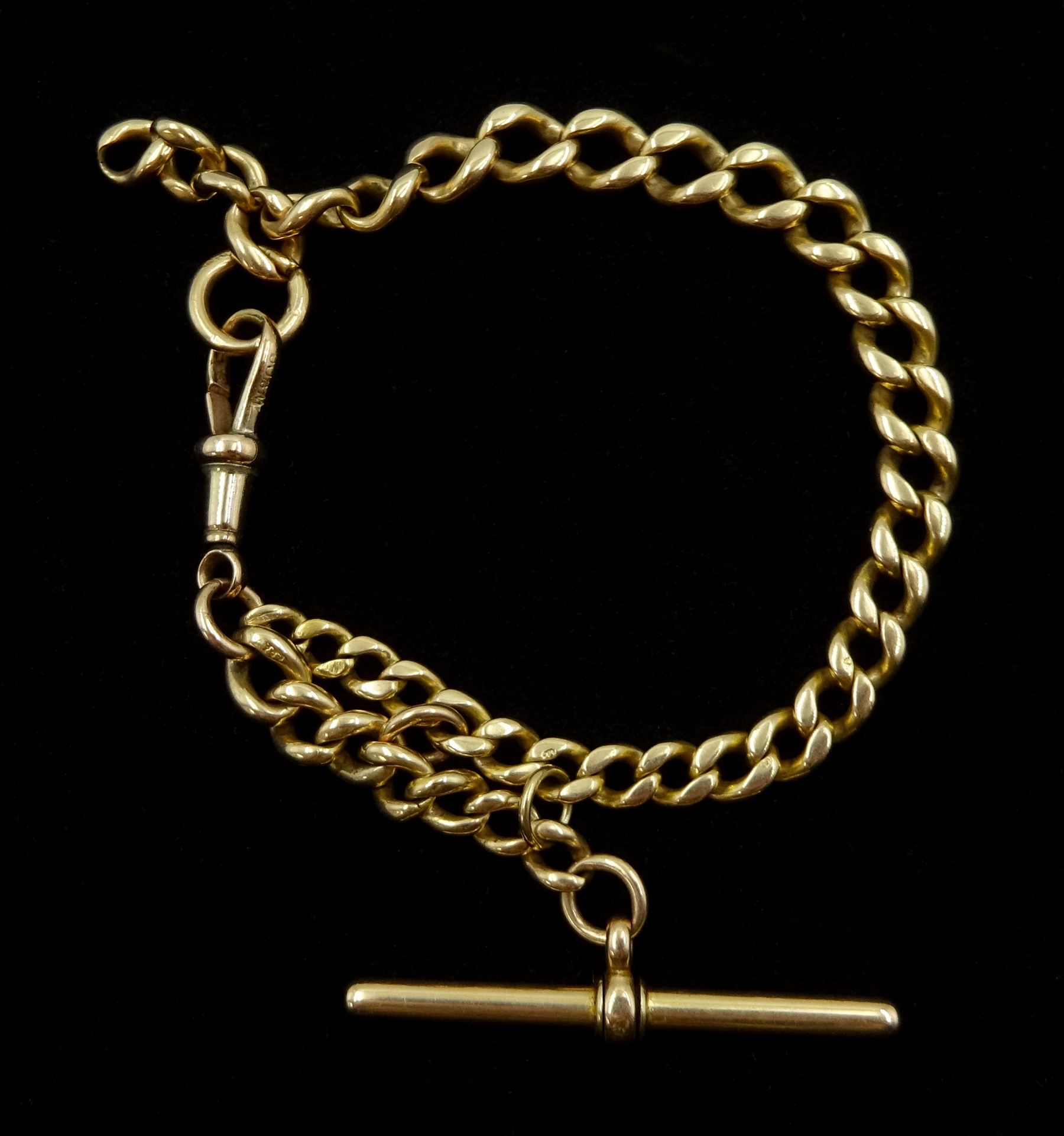 Early 20th century 15ct gold curb link bracelet, with 15ct gold T bar and 9ct gold clip, links stamped