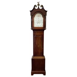 Mahogany longcase clock with a swan’s neck pediment, brass patera and central brass finial, stepped break arch hood door flanked by reeded pillars with Corinthian capitals, trunk with a three-quarter length door and concave top, on a broad square plinth with applied shaped skirting, painted break arch dial inscribed “J Watson Kirkbymoorside”, semi-circular date aperture and subsidiary seconds dial, upright Arabic numerals and quarter hour minutes with minute track and matching steel hands, arch painted with a depiction of flowers and conforming spandrels, dial pinned via a steel false plate to an eight-day rack striking movement, striking the hours on a bell. With weights, pendulum and key.



