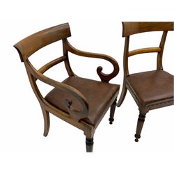 19th century mahogany extending dining table, pull out action with four leaves, on turned supports (H73cm, 101cm x 146cm - 289cm (fully extended)), and eight Regency period mahogany dining chairs, leather upholstered seats, six side chairs and two carvers, the carvers with scrolled arms