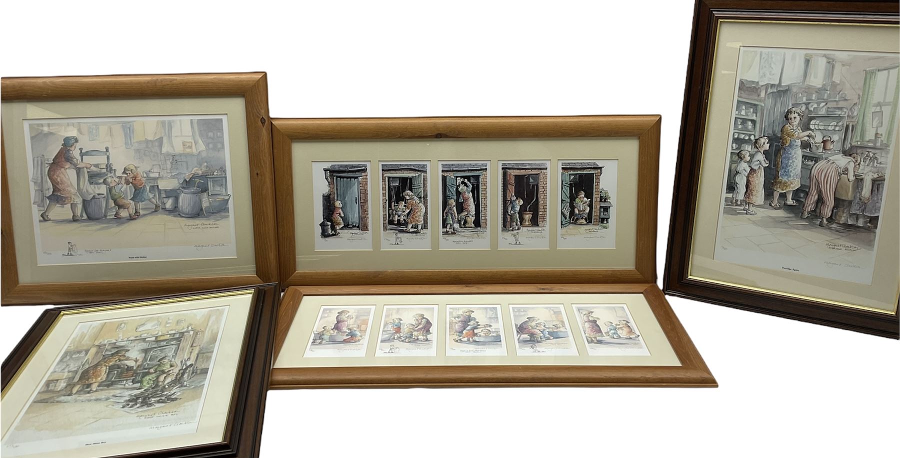 After Margaret Clarkson (British 1941-): 'Wash With Mother' 'Porridge Again' and 'Shoe Shine Boy', three limited edition colour prints signed and numbered together with two more framed prints after the artist each comprising of five limited edition signed colour prints max 28cm x 38cm (5)