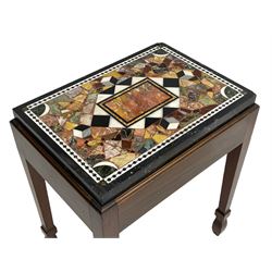 19th century marble specimen table, central rectangular plaque in black and white chequered lozenge, surrounded by fragments and cube motifs, housed within a mahogany stand with moulded top edge, square tapering supports with peg spade feet