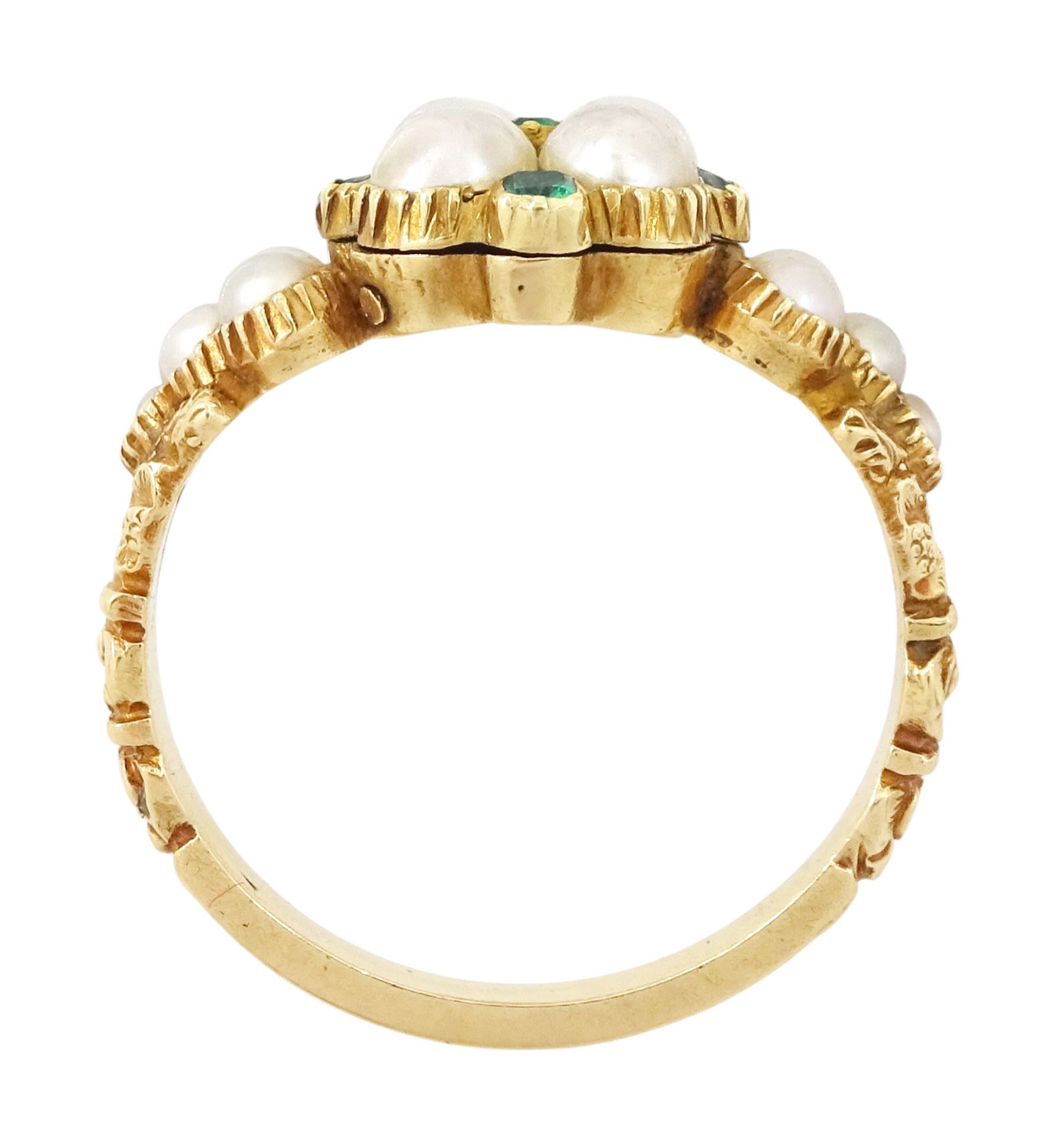 19th / early 20th century 18ct gold emerald and pearl flower head cluster ring, with pearl set shoulders and engraved foliate shank