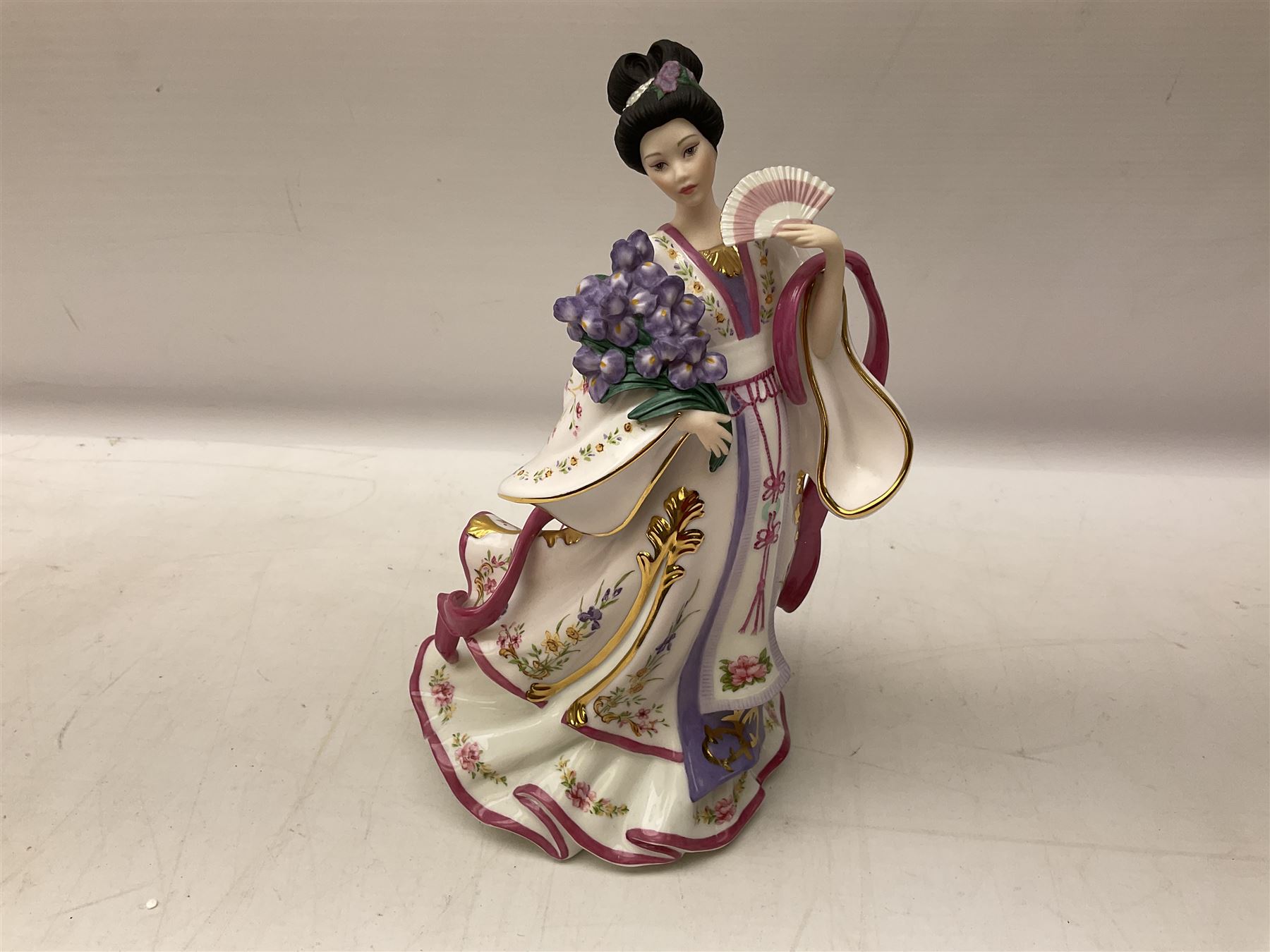Five Danbury Mint Princess figures by Lena Liu, comprising Harp Princess, Plum Blossom Princess, Chrysanthemum Princess, Rose Princess and Iris Princess, one with certificate, all with marks beneath