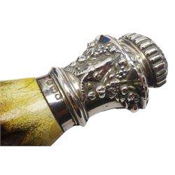 Victorian seven piece silver mounted antler handled carving set, the silver ferrules and terminals embossed with deer masks and fruit swags, hallmarked Francis Cholerton, and Mappin Brothers, Sheffield 1888, two steel blades stamoed J H Potter Cutler & Silversmith Sheffield, and one prong stamped J H Potter, contained within a fitted mahogany case with vacant brass cartouche to the hinged cover 

