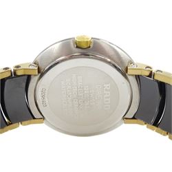 Rado Diastar ceramic wristwatch, Ref. 129.0301.3, on ceramic bracelet, boxed and a Rado Jubilé wristwatch, Ref. 129.3577.4N, diamond set dial, on original black leather strap with buckle, boxed with papers and guarantee dated 1990
