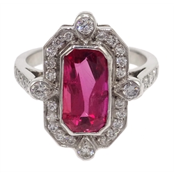  18ct white gold emerald cut ruby and diamond dress ring, ruby approx 2.6 carat  