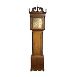 30-hour 18th century oak cased longcase clock by Jeremiah Standring of Bolton, (Lancs) c 1770, with a swan’s neck pediment on a flat top with a blind frieze beneath, square brass dial flanked by reeded pilasters and wooden capitals, long trunk door with a concave wavy top, trunk with reeded quarter columns on a rectangular plinth on a decorative skirting, dial with a formerly silvered chapter ring and engraved dial centre, with Roman numerals, five minute Arabic’s, square date aperture, circular boss engraved with the makers name, cast spandrels and “dummy” winding arbors, dial pinned directly to a rope driven countwheel striking movement, striking the hours on a bell. With weight and pendulum. 
30-hour clocks with “dummy” winding arbors are more commonly found on later 19th century painted dial longcase clocks, this is an earlier example by a recorded Lancashire clock maker born in Rochdale in 1712, dying in Bolton 1782.  

