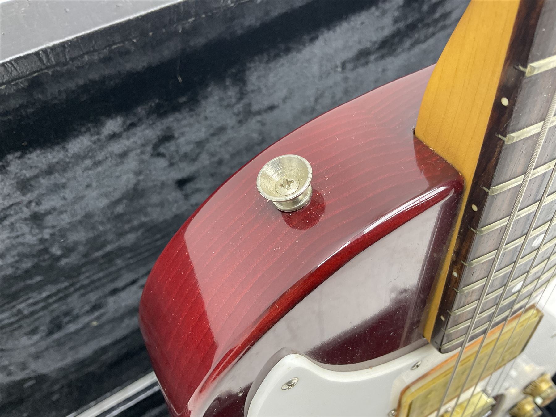 Gibson Marauder style six-string electric guitar with cherry coloured body, marked made in Japan L101cm; in locking hard carry case