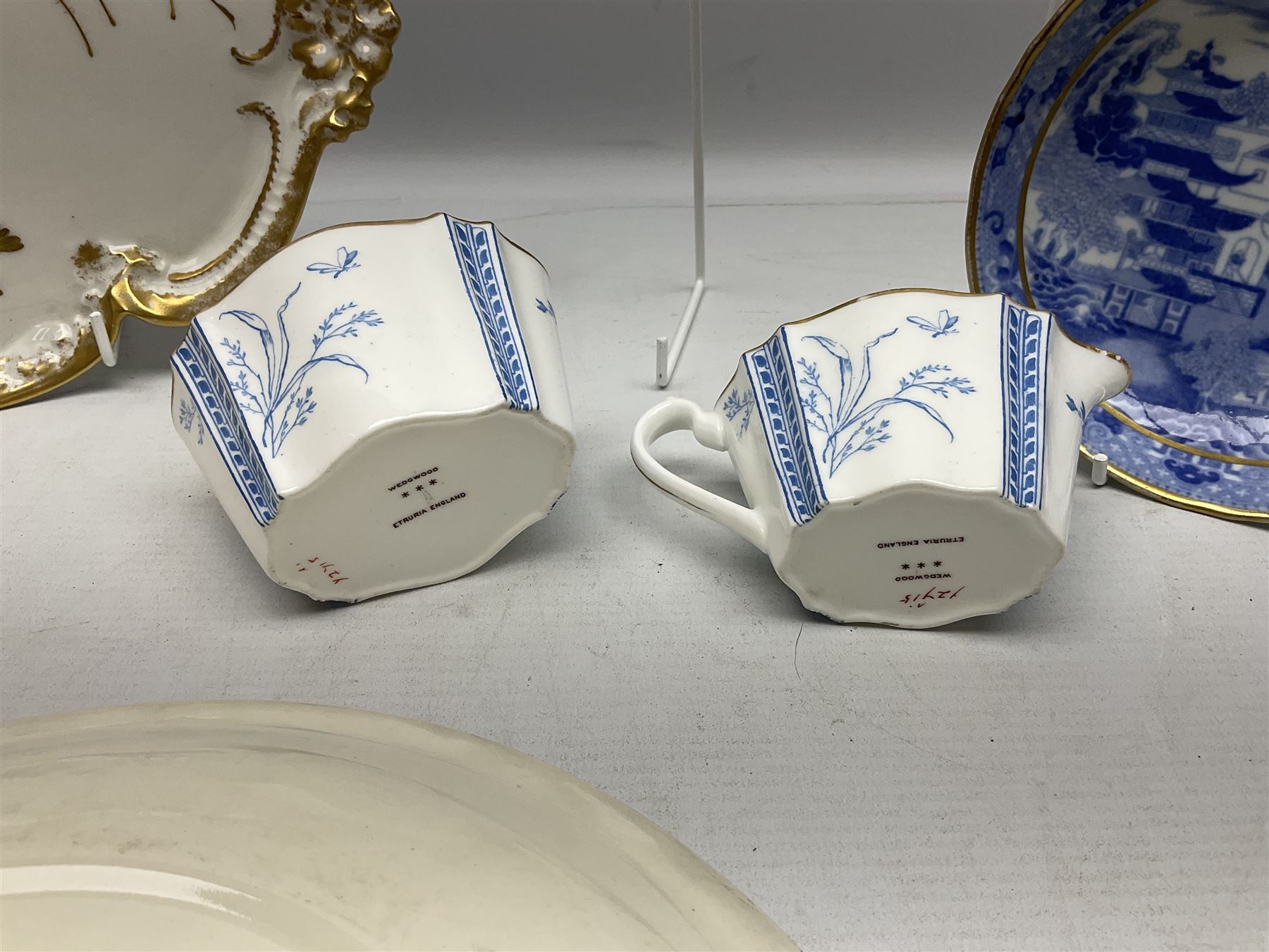 Collection of Victorian and later ceramics to include Gray's Pottery Sunderland lustre York Minister plate, Limoges M. Bishop tea service for one, ornately decorated with gilt foliate sprays on plain white ground, no 2350, Wedgwood no y2715 blue and white sucrier and jug, Chinese blue and white dish with gilt banding,