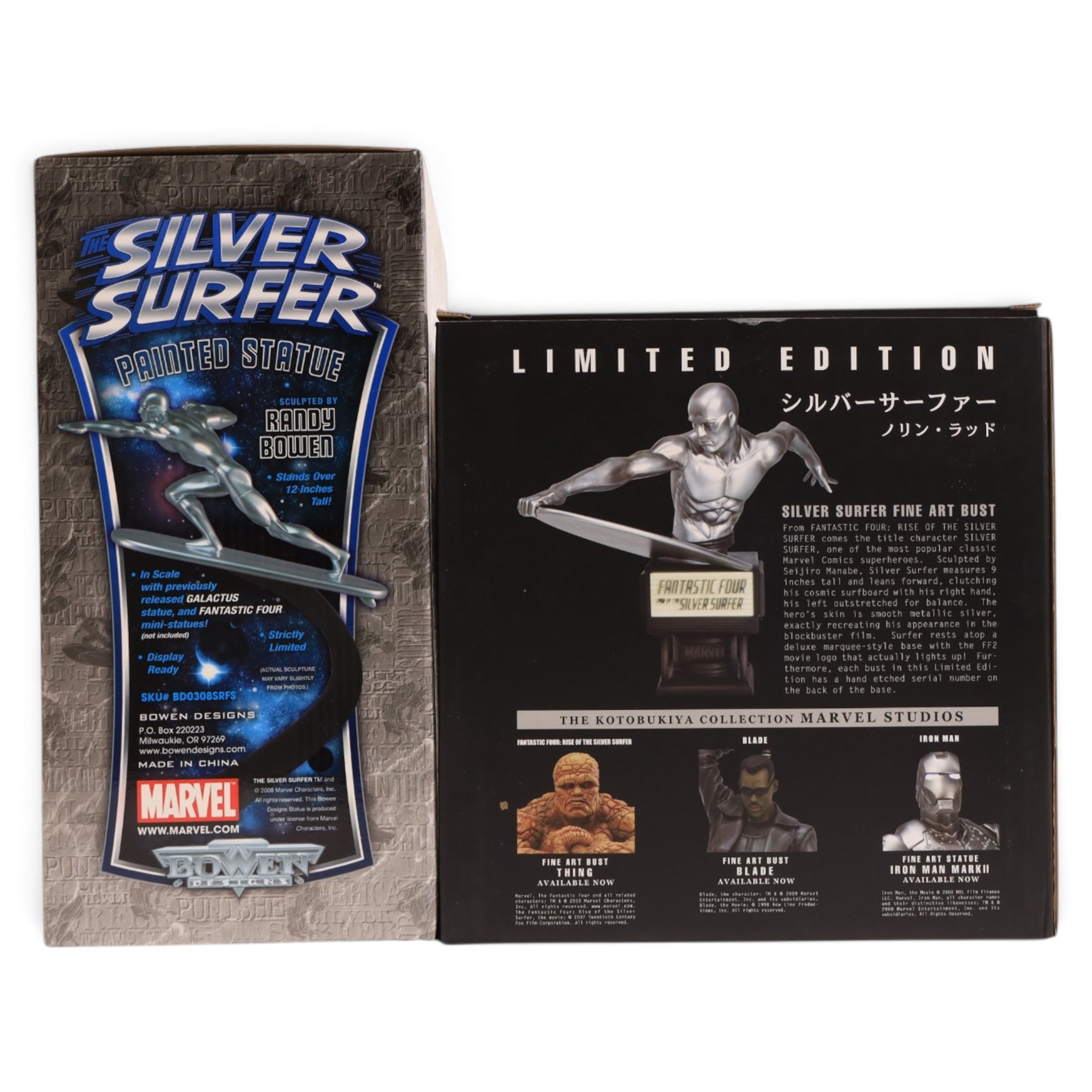Bowen Designs Silver Surfer painted statue, together with a Kotobukiya Collection Marvel Studios Silver Surfer Fine Art Bust, both boxed