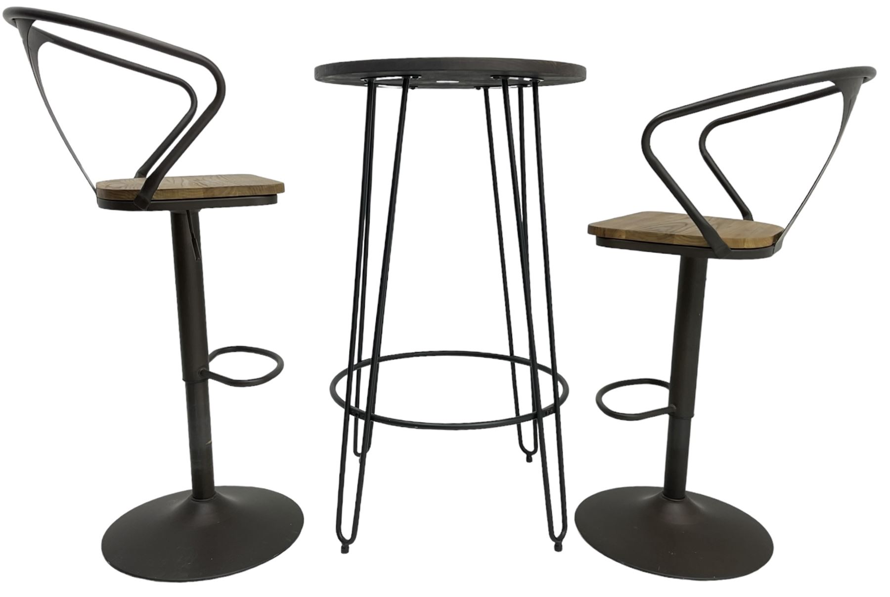 NEXT Home - rustic pine and wrought metal bistro table, circular top over dark grey metal base (W61cm H104cm); and pair of matching high stools, with swivel and adjustable height action (H113cm)
