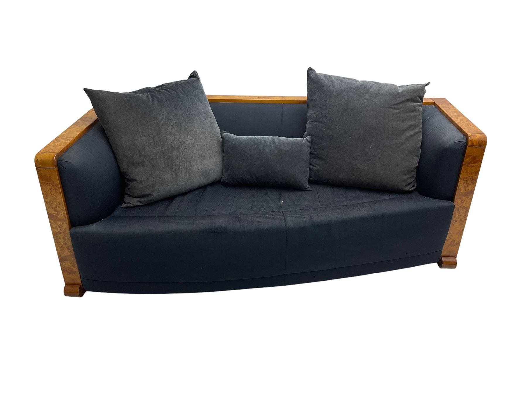 Thörmer Polstermöbel - Art Deco style sofa, of curved tapering form, framed in figured burr elm, upholstered in blue fabric with loose cushions