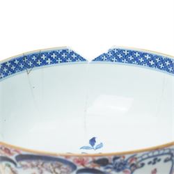 19th century Chinese famille rose punch bowl, decorated with panels of traditional scenes within blue decoration, D26cm 
