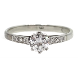  18ct white gold single stone diamond ring, with diamond set shoulders, stamped 18, central diamond approx 0.35 carat  