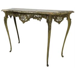 Louis XVI design serpentine front console table, shaped marble top over a cast brass base, the apron pierced and decorated with c-scrolls and foliate cartouche motifs, on cabriole supports with floral patterned knees
