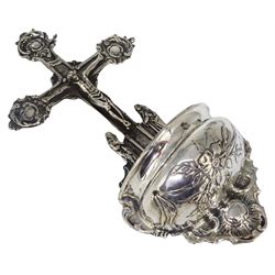 Early 20th century German silver holy water stoop, modelled as Christ upon the cross above a curved cistern with embossed floral decoration, stamped verso 800, also bearing crown and crescent mark and makers mark for Simon Rosenau, H17.5cm, together with a small pair of Continental silver vases, each embossed throughout with flower heads, each stamped beneath 800, and a Dutch box of rectangular form, the underside embossed with hunting scene, the domed cover with two figures, marked with Lion Passant purity mark, Minerva head duty mark, and date letter, probably 1886, approximate total weight (333 grams)