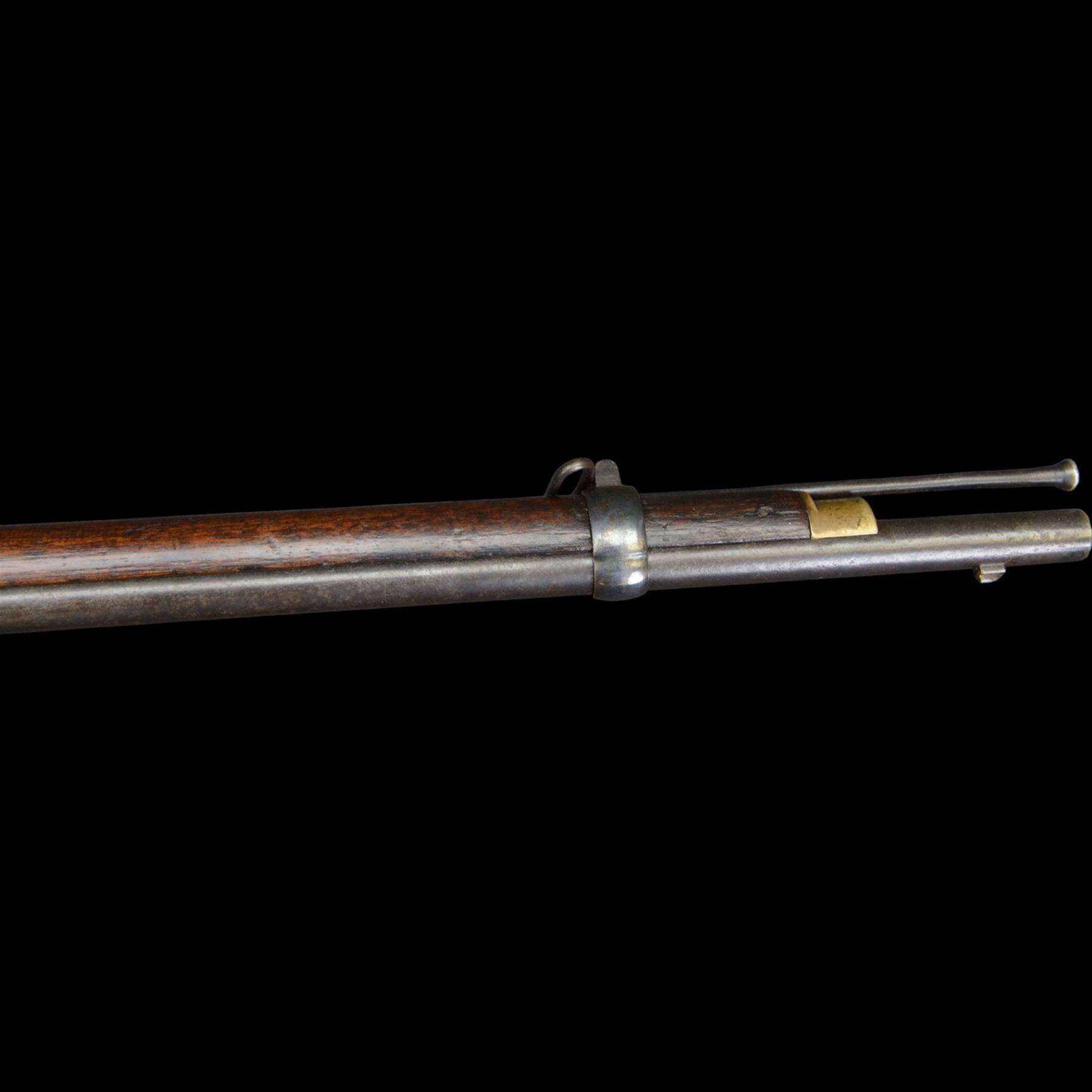 19th century Enfield percussion rifle, the 99cm barrel with three barrel bands, fore sight and rear sight, ramrod under, full walnut stock with brass butt, carrying sling brackets, action marked '1855 Tower' with Victoria cypher, overall L138cm