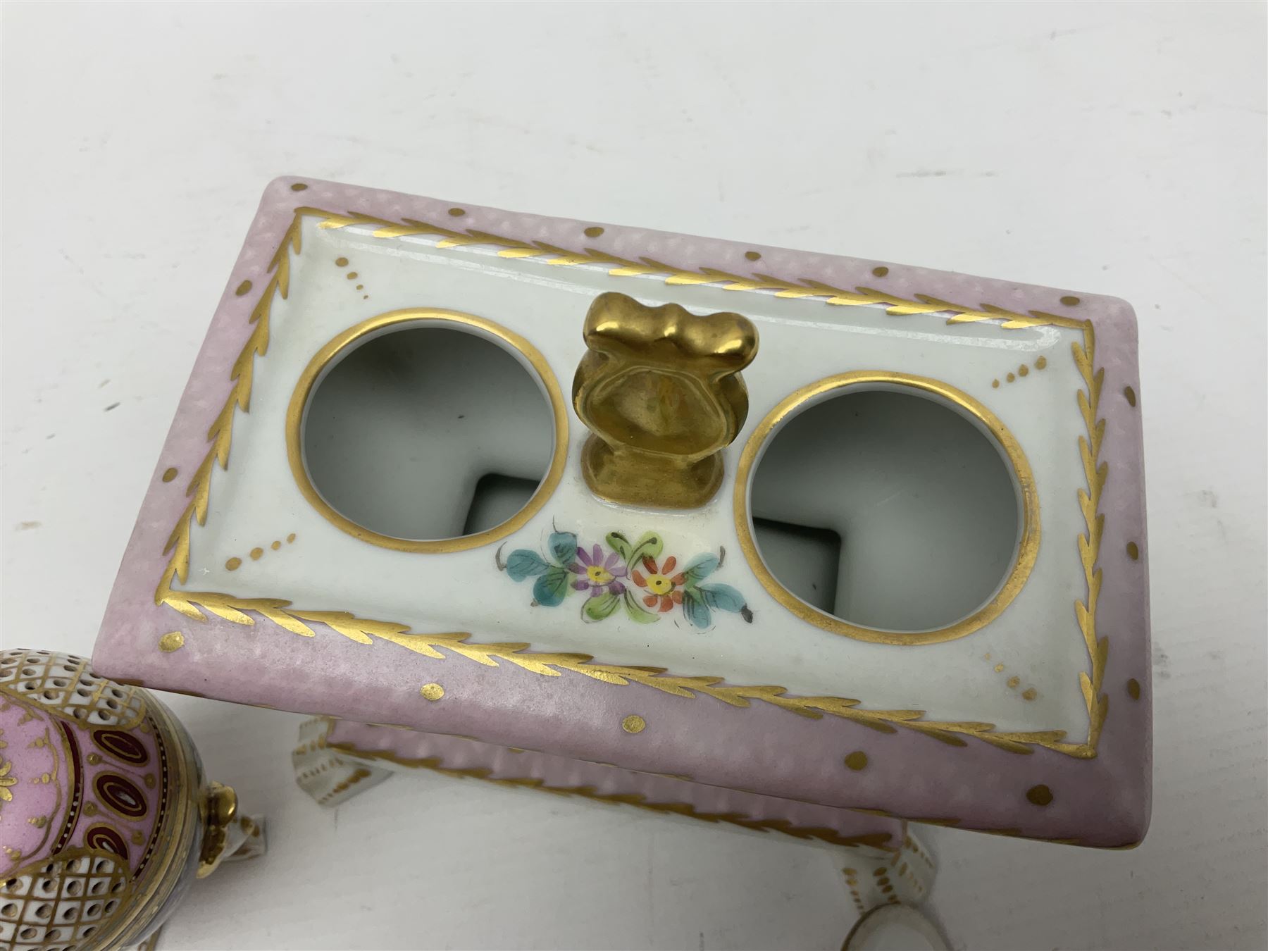 Limoges France hand painted ink well pot stand with lion paw feet, together with  pot pourri vase and cover in the shape of an egg raised on three scroll feet, ink well H14cm 