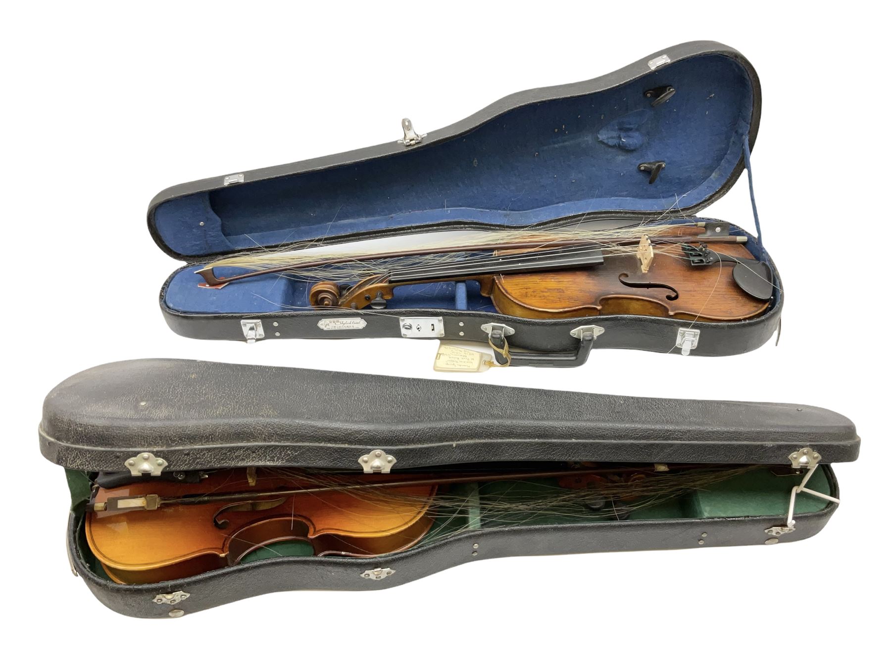 Two cased Skylark violins with bows, largest violin L59cm 