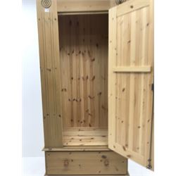 Solid pine wardrobe, projecting cornice, single door above single drawer, plinth base (W98cm, H200cm, D56cm) and pine bedside chest, three drawers (W46cm, H62cm, D44cm)