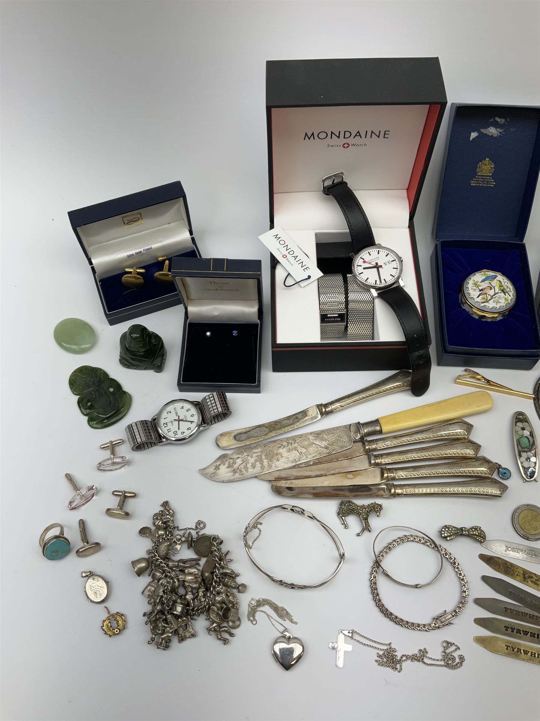 Silver jewellery to include bangles, bracelet, cufflinks, all stamped, pair of boxed Montblanc cufflinks, boxed Mondaine wristwatch, collection of Vintage and later costume jewellery, five silver handled knives, and a boxed Halcyon Days enamel box. 