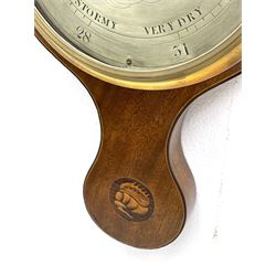 William IV early 19th century mercury wheel barometer with an inlaid broken pediment, brass finial and round base, mahogany veneered case with inlaid oval conch shell paterae and satinwood stringing to the edge, with an arched top thermometer box and spirit thermometer measuring degrees Fahrenheit from 15 to 110, eight-inch silvered register reading barometric pressure in inches from 28  to 31, with predictions in Roman upper and lower case and script, dial inscribed “William Smith, Crowland”, with a steel indicating hand, brass recording hand and cast brass bezel.
.


