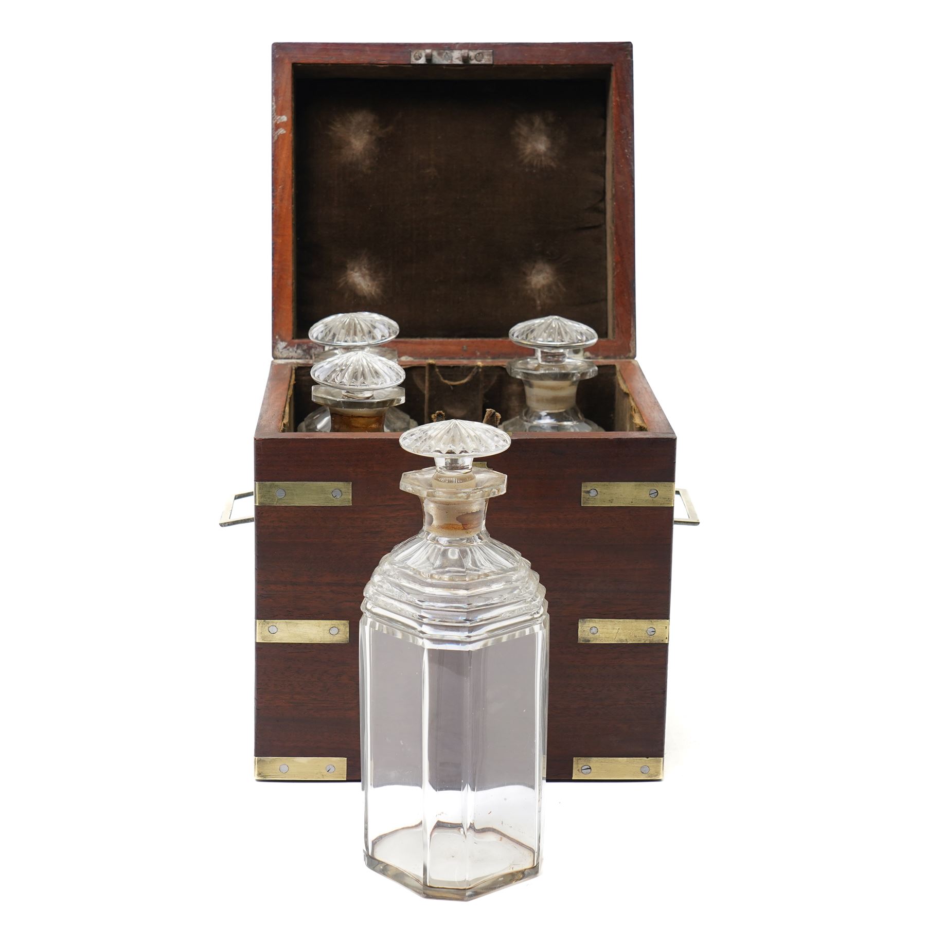 Victorian mahogany brass bound campaign style decanter box, with twin brass countersunk handles, containing four decanters, H23cm 