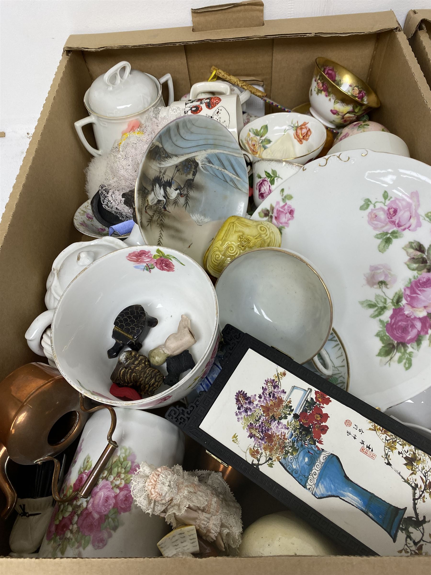 Royal Worcester tea cup and saucer, Royal Doulton Christmas Day 2001 figure and a collection of other ceramics, glassware and collectables, in five boxes 