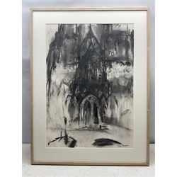 Honor Brogan (British Contemporary): 'Lichfield Cathedral - West Front', charcoal signed, titled and dated 2001 on exhibition label verso 83cm x 58cm