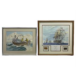 M Whittaker (20th century): Yorkshire Coble 'Sharon Ann' at Sea, watercolour signed and dated 1982, 29cm x 39cm; Stephen Arch (British 20th century): 'HMS Victory - Pride of the Fleet', limited edition print signed and titled 1305/1805 in pencil, framed with 'Genuine Oak and Copper from HMS Victory', picture 28cm x 38cm (2)