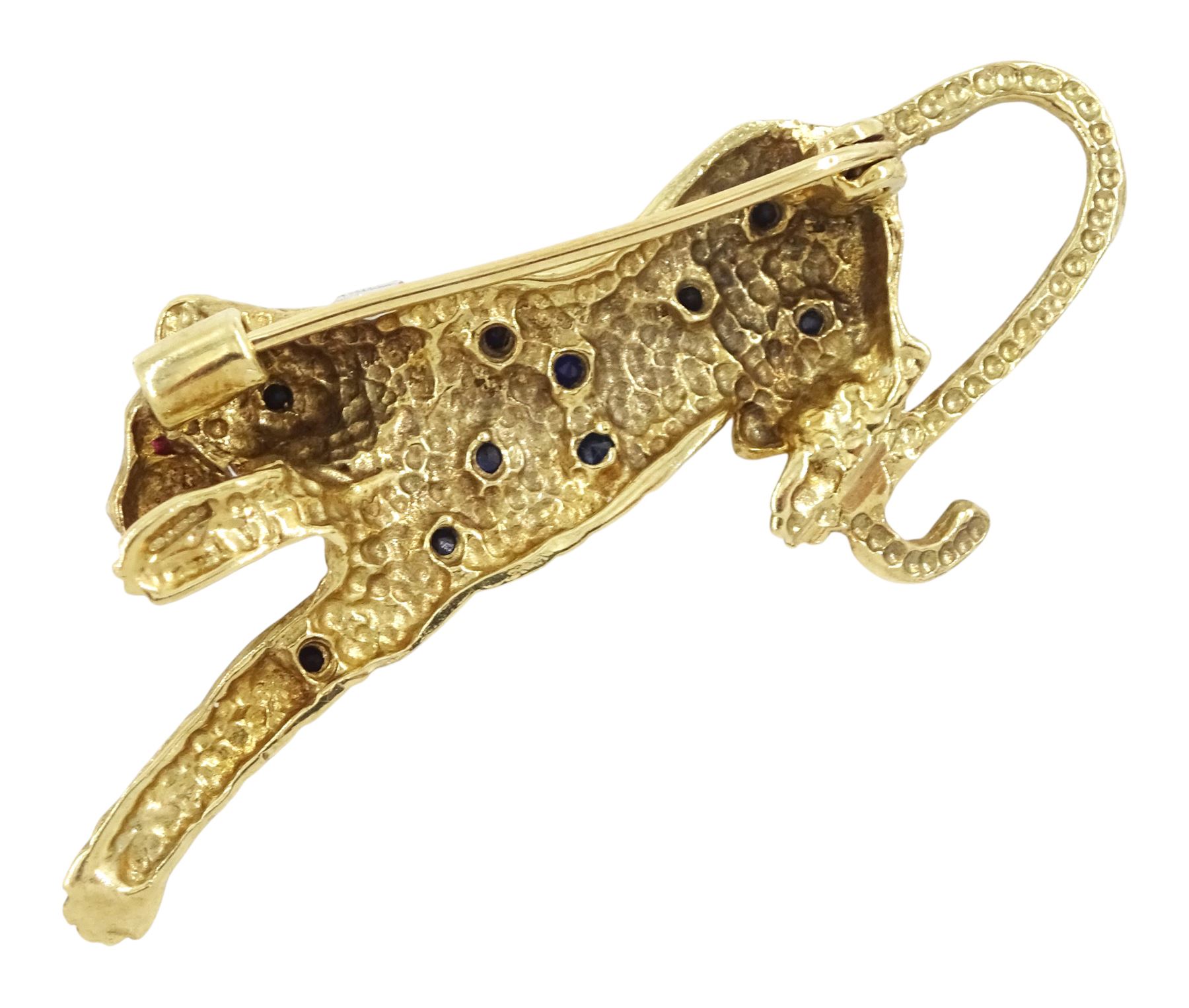 9ct gold sapphire, ruby and diamond leopard brooch, hallmarked