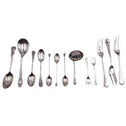 Group of silver flatware, to include three 1930's dessert forks, hallmarked Walker & Hall, Sheffield 1939, 1930's caddy spoon, hallmarked Thomas Bradbury & Sons Ltd, Sheffield 1936, early 20th century Old English pattern teaspoon, three 1930's coffee spoons, etc., approximate total weight 6.43 ozt (200 grams)