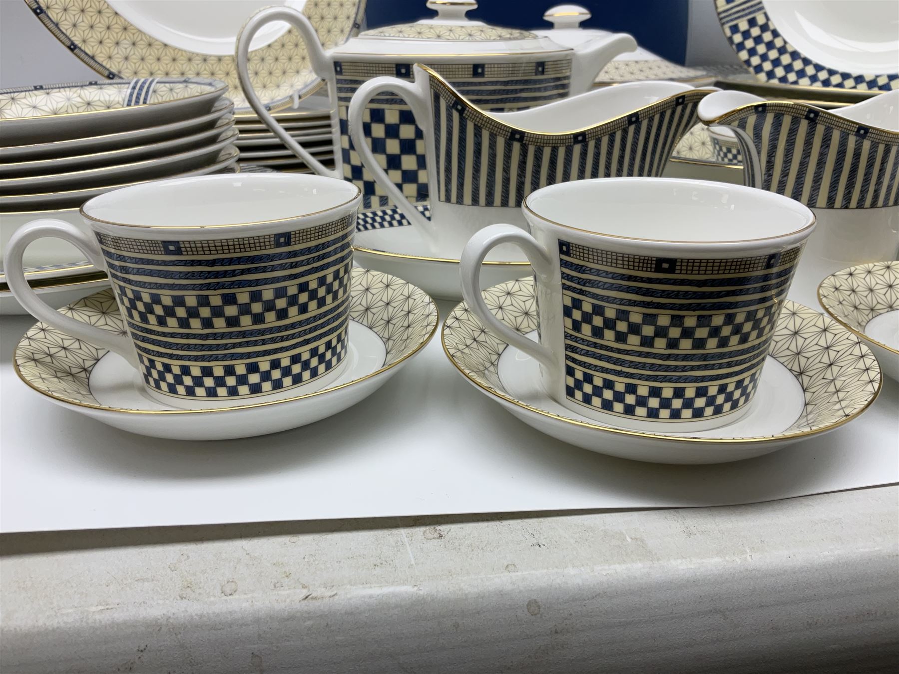 Wedgewood Samurai pattern, part tea and dinner service, to include teapot, open sucrier, milk jug, six cups and saucers, six dinner plates, six soup bowls, covered twin handled service dish, sauce boat and saucer etc (46)  