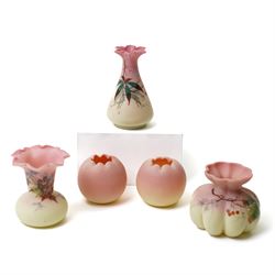 Late 19th Century Thomas Webb & Sons Queen's Burmese uranium glass vases, three with ename...