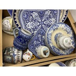 Quantity of Victorian and later ceramics to include blue and white, willow pattern, tea wares, dinner wares, wash bowl etc in two boxes