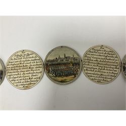 Grolier Club’s silver Schraubmedaille to commemorate the German campaign of 1813, obverse depicts a Greek temple, below “Eintracht Überwindet Alles”, the reverse depicts three figures and the text “Gerechtigkeit. Weisheit. U. Einigkeit. Beglücken. D.: Menschheit”, inside are twelve circular hand coloured engravings depicting six major battles of the German campaign, each with corresponding descriptions, D