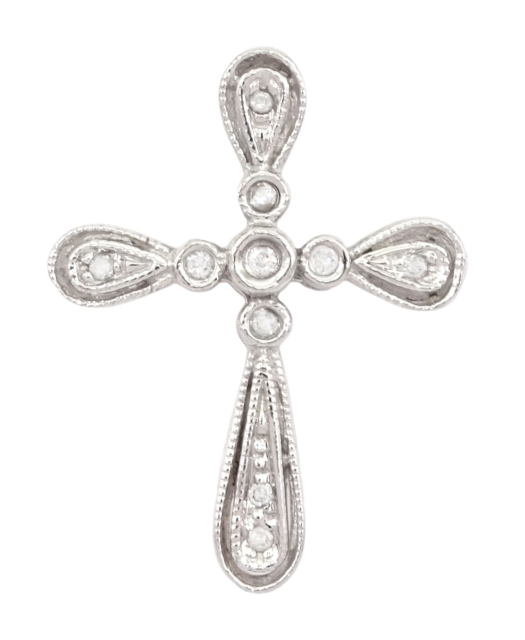 9ct white gold milgrain set diamond cross pendant