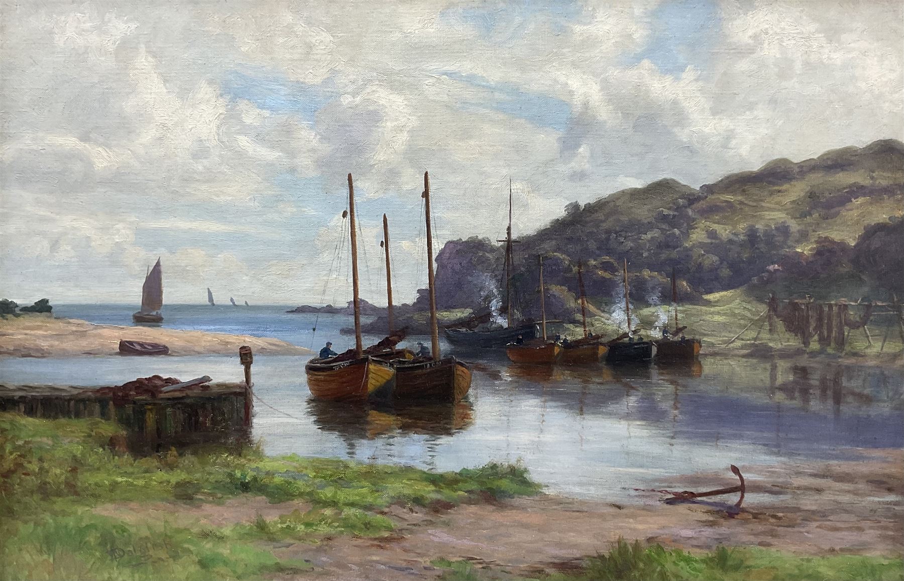 William Dalglish (Scottish 1860-1909): Campbeltown Boats at Rest, oil on canvas signed 39cm x 60cm 
Provenance: private collection, purchased James Alder Fine Art, Hexham; with McTear's Glasgow 15th May 2014 Lot 1645