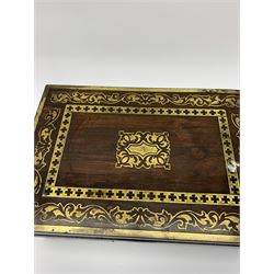Victorian rosewood vanity box, with scrolling foliate brass inlay and twin brass inset campaign style handles, the hinged cover opening to reveal a gilt tooled interior with divisions, L33cm D22.5cm H13cm
