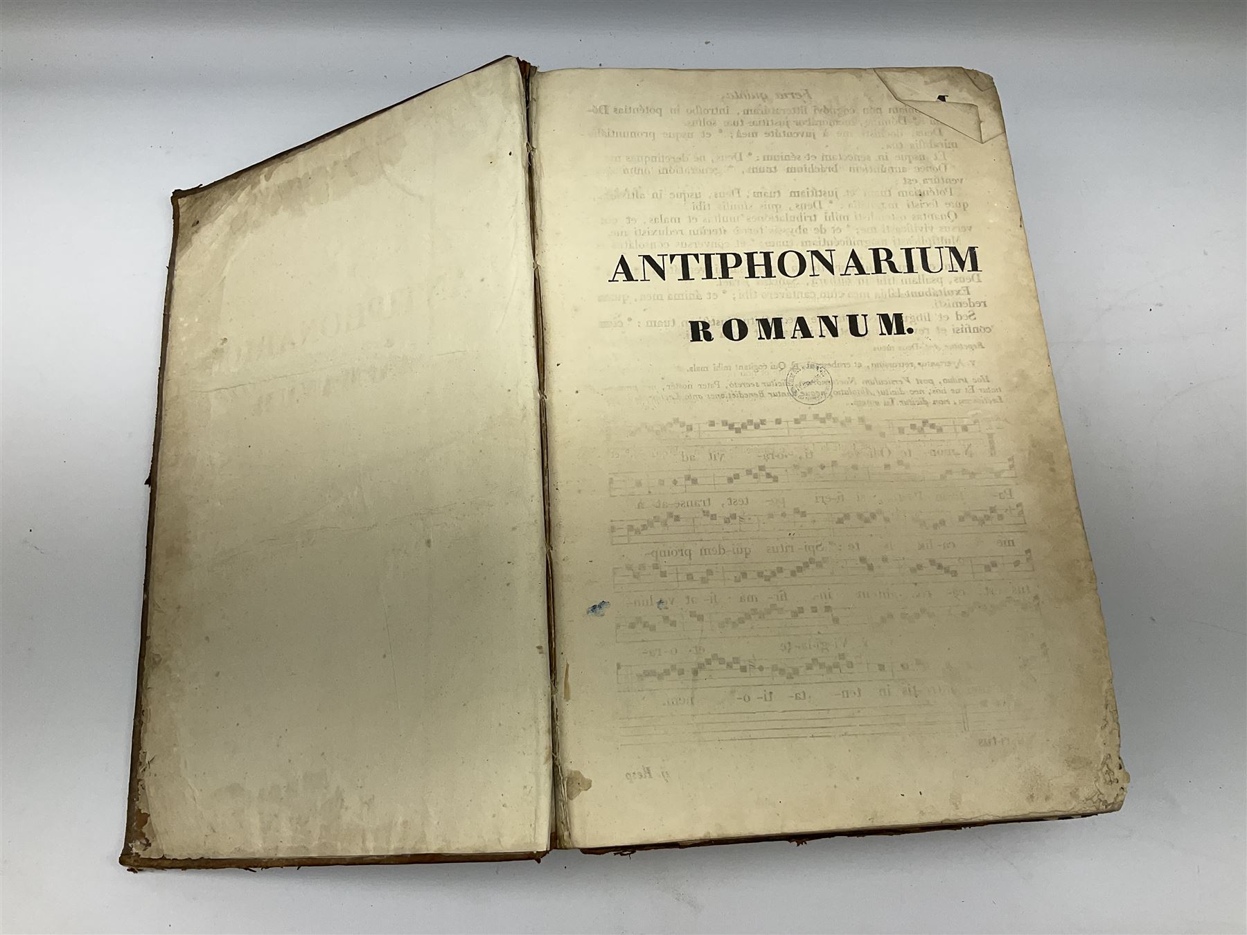 Six 19th century leather bound books of music comprising Graduale Juxta Missale Romanum and Antiphonarium Romanum. Both 1828 Divione; Graduel Romain and Psautier Romain. Both 1859 Digne/Paris; Graduel Romain. 1872 Marseille; and Missale Romanum. 1853 Mechliniae (6)